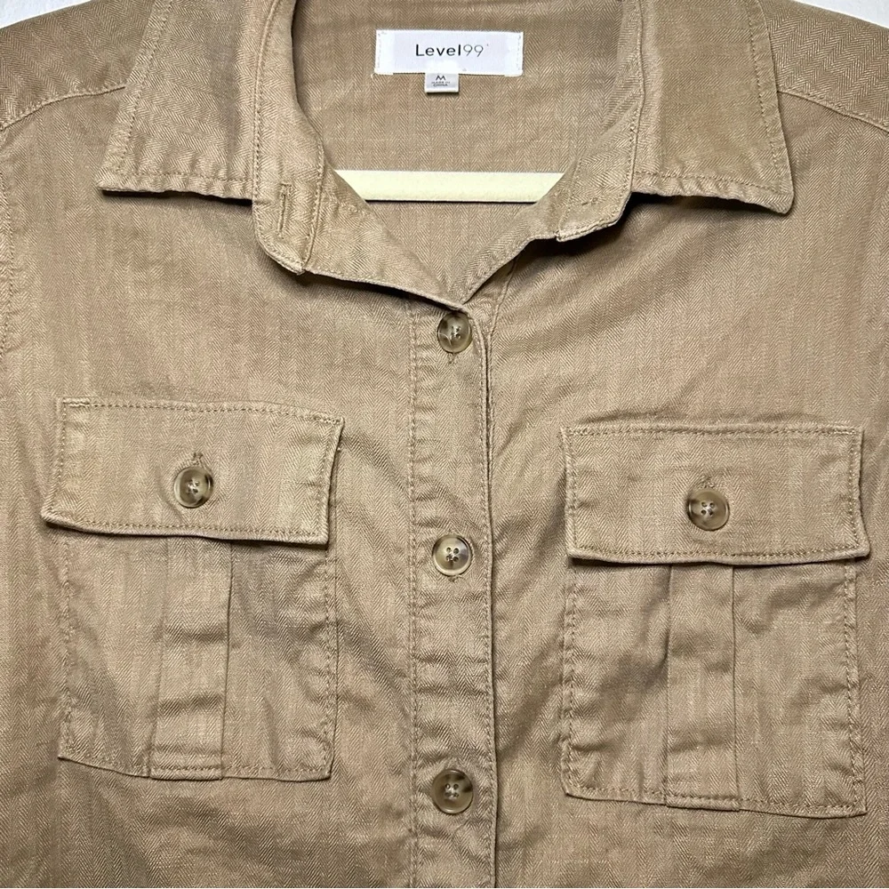 Level 99 Linen Blend Tan Button Down Utility Shirt - Picture 6 of 10